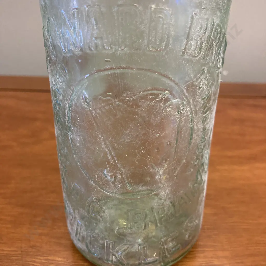 Hayward Bros Flag Brand Pickles Jar c1905, Aqua Colour, Side Seam Molds. Embossed Lettering, Hand Made. 20cm Image 1++